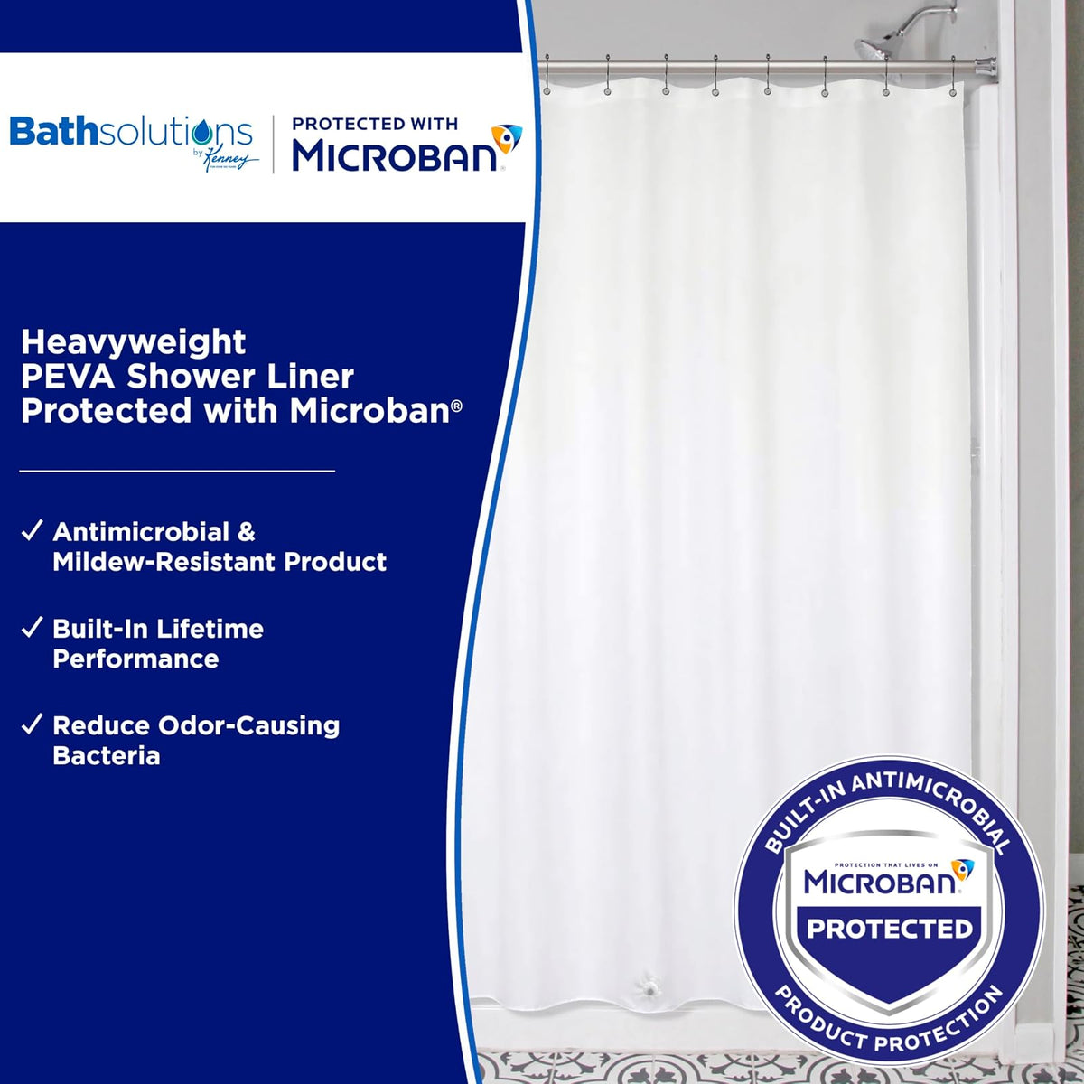 Kenney MB61169 Microban Protector de cortina de ducha impermeable de PEVA calibre 8 con ojales de metal resistentes al óxido y dobladillo magnético pesado para baño, 70 pulgadas de ancho x 72 pulgadas