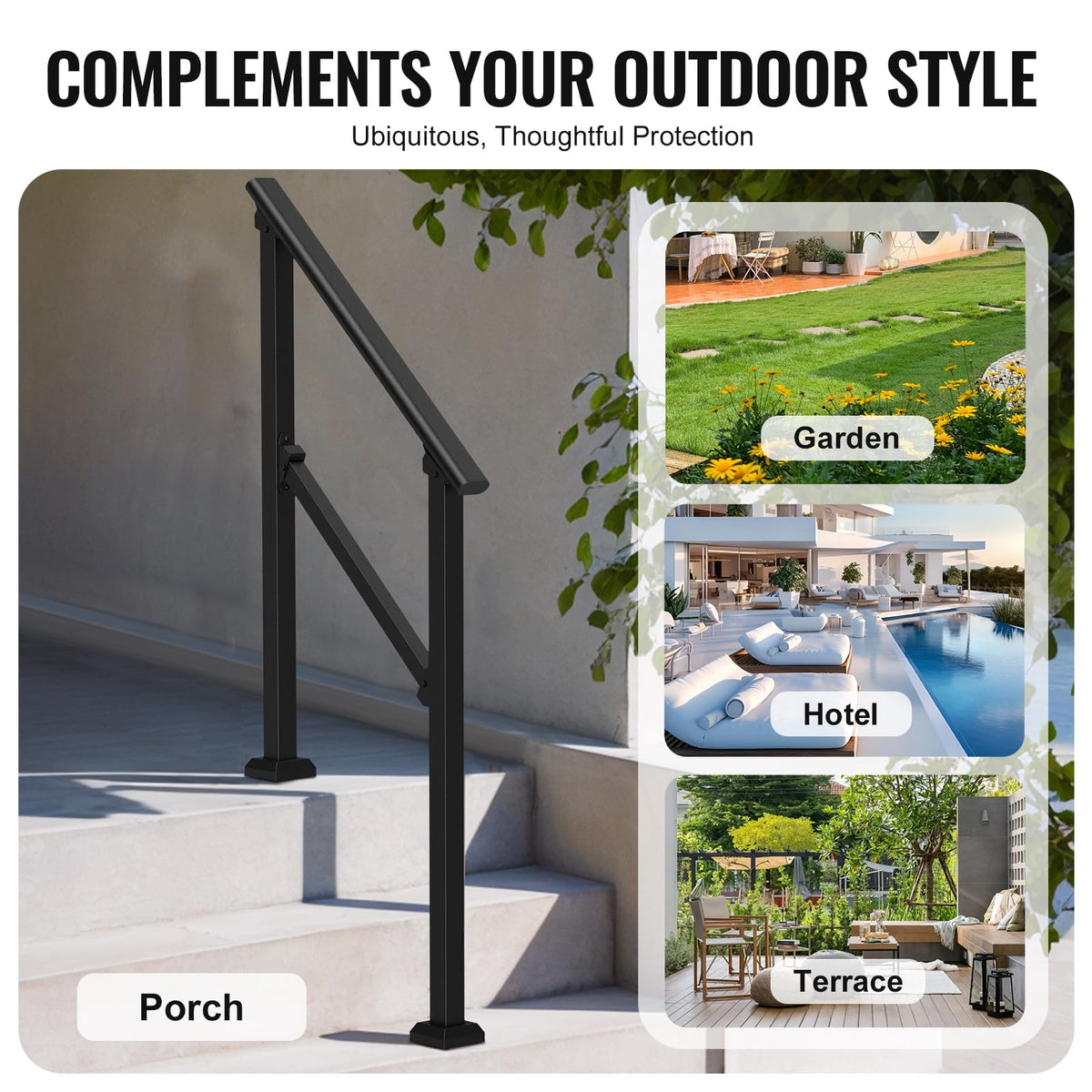 VEVOR de Escalera para Pasamanos de Escalera 2-3 Escalones 2 PCS con Kit de Instalación Tubo Cuadrado de Acero al Carbono para Personas Mayores, Escalones de Concreto, Porche, Patio, Negro
