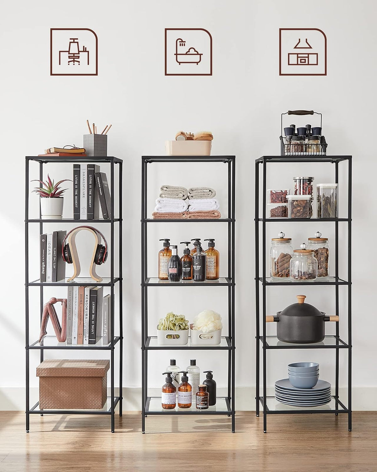 VASAGLE Estantería de Cristal de 5 Niveles, Librería, Expositor, 30 x 40 x 124.5 cm, Baño, Salón, Dormitorio, Oficina, Negro MLGT029B61