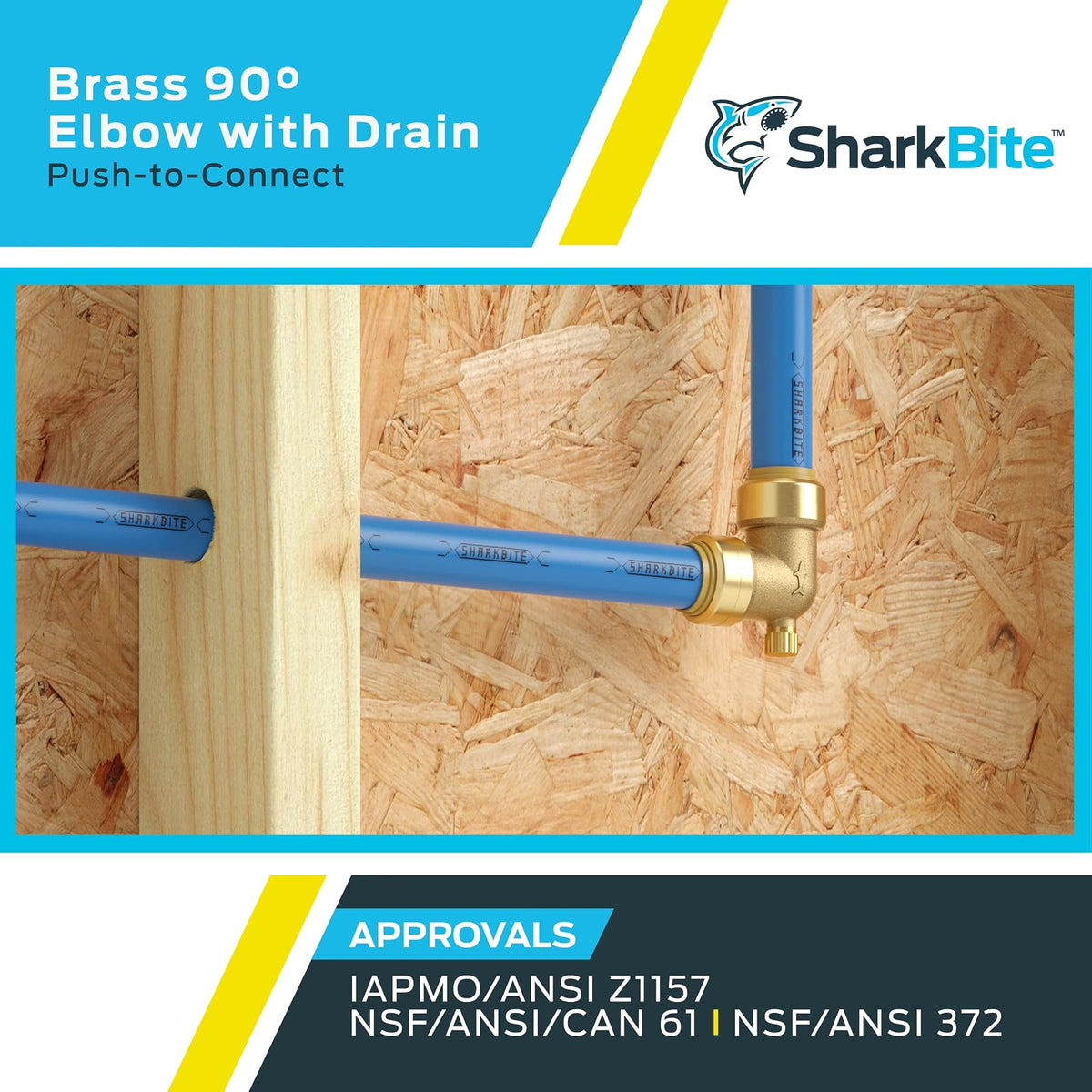 SharkBite Codo de 90 grados de 1/2 pulgada con ventilación de drenaje, accesorio de fontanería de latón a presión para conectar, tubería PEX, cobre, CPVC, PE-RT, HDPE, U5248LFA