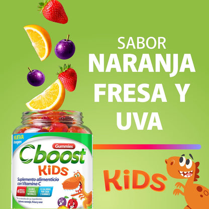 Cboost - Gomitas Kids Vitamina C para Niños, Sin Gluten, 180 Piezas, Fresa | Naranja y uva, colores y sabores naturales, 13 calorías por porción, gomitas a partir de 6 años