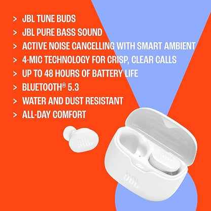 JBL Tune Buds, Audífonos Inalámbricos ANC Bluetooth, Drivers de 10mm, Reproducción 48 Horas, Resistentes al Agua y al Polvo IP54 - Negro