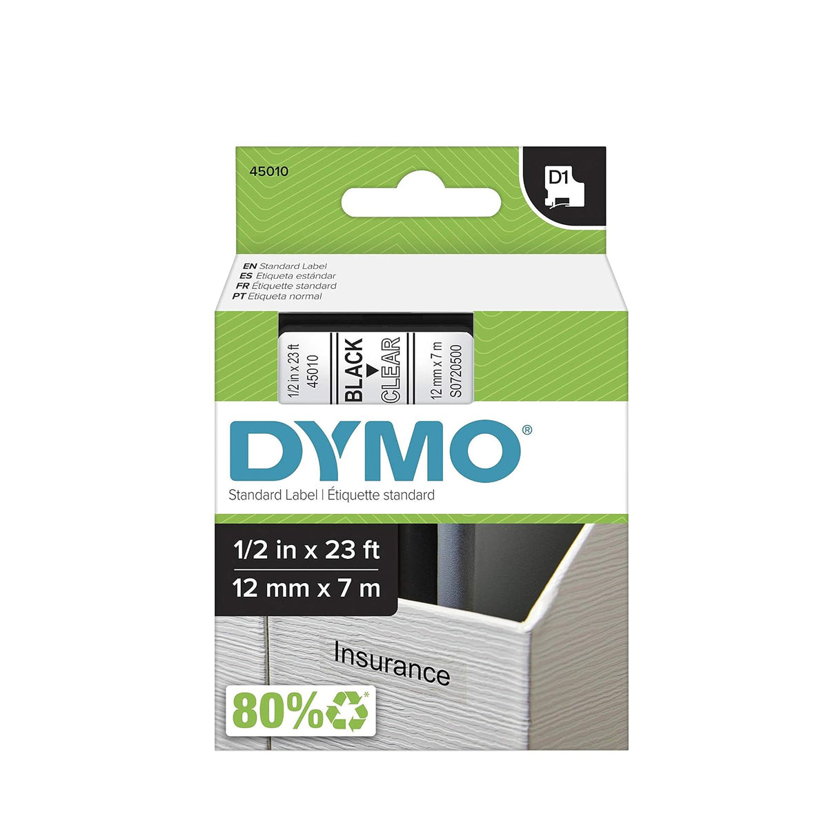 Dymo 45010 Cinta D1 1/2" 12mm Letra, negro/transparente
