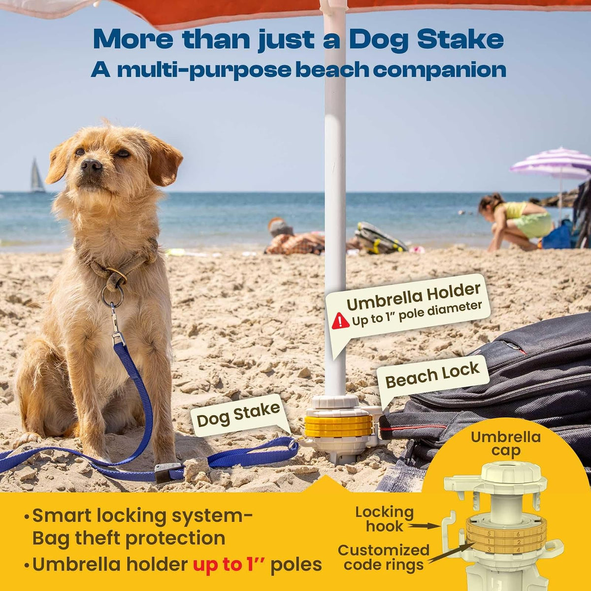 DIGGO - Estaca de Amarre para Perro para Playa Perros Grandes y Perros Pequeños | Orificio de Soporte para Sombrilla | Sistema Único de Bloqueo con Combinación Giratoria