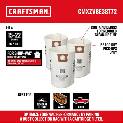 CRAFTSMAN CMXZVBE38772 - Bolsas de recogida de polvo de uso general para la mayoría de aspiradoras de tienda de 15 a 22 galones, recoge solo escombros secos, reduce el tiempo de limpieza, paquete de 3