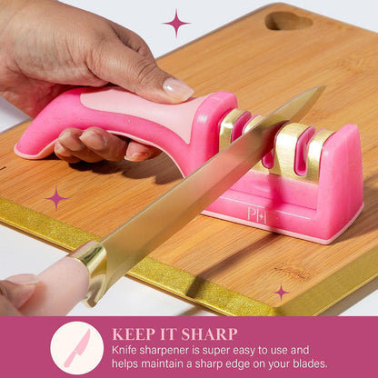Paris Hilton Afilador de cuchillos de 3 etapas, afilador de cuchillos de cocina profesional con mango ergonómico, base antideslizante y etapas de afilado gruesas, medias y finas, color rosa