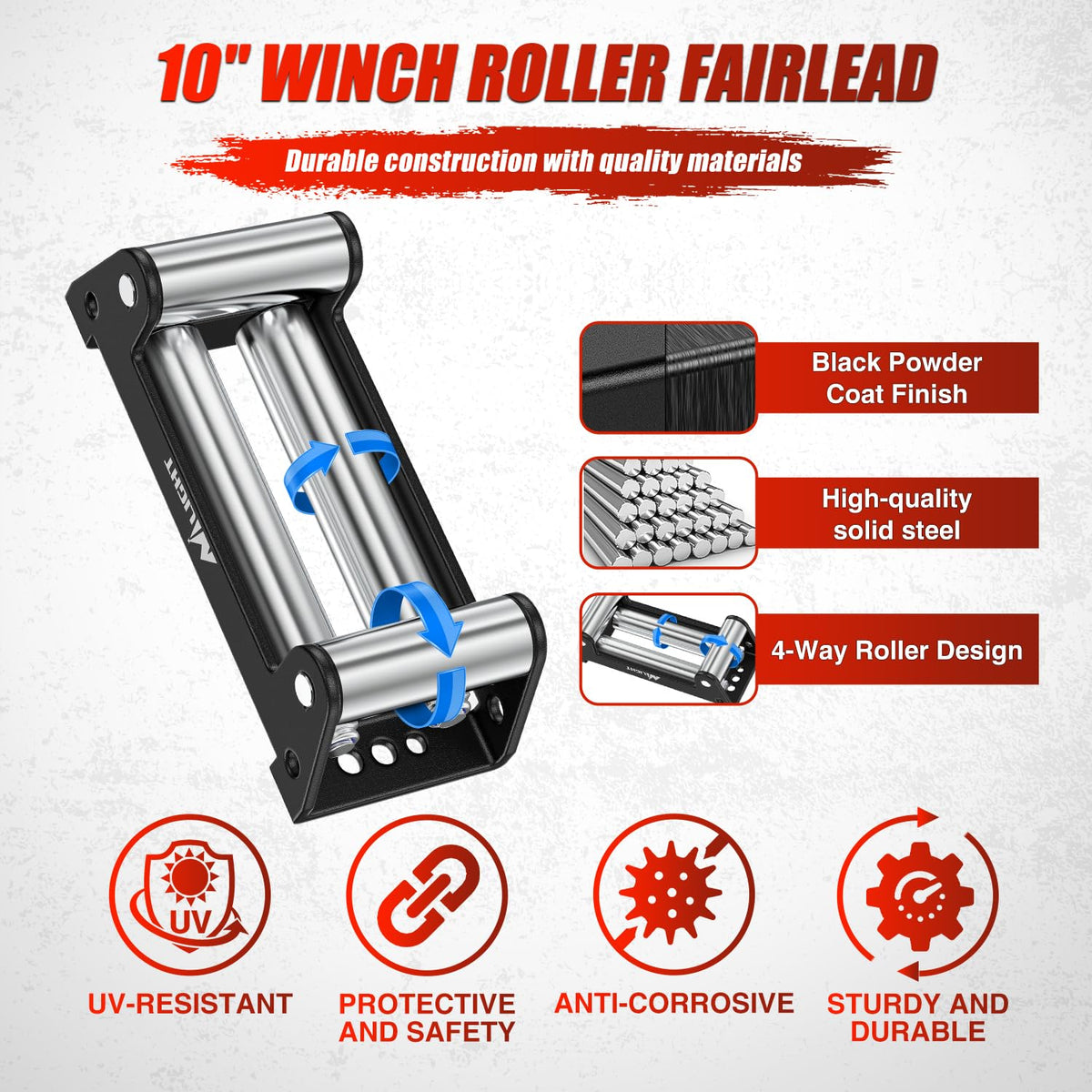 Nilight Guía de Rodillo de Cabrestante de 10 Pulgadas (254mm) Guía de Cable Universal de 4 Vías Resistente con Hardware de Montaje para Cable de Acero 8000-12000 LBS Accesorio de Reemplazo para