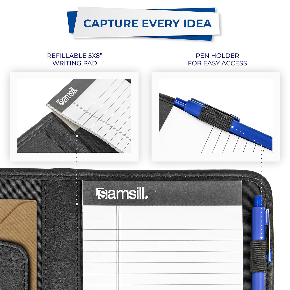 Samsill Professional Padfolio Mini, Organizador de Piel Sintética, 5 x 8 Pulgadas, Negro