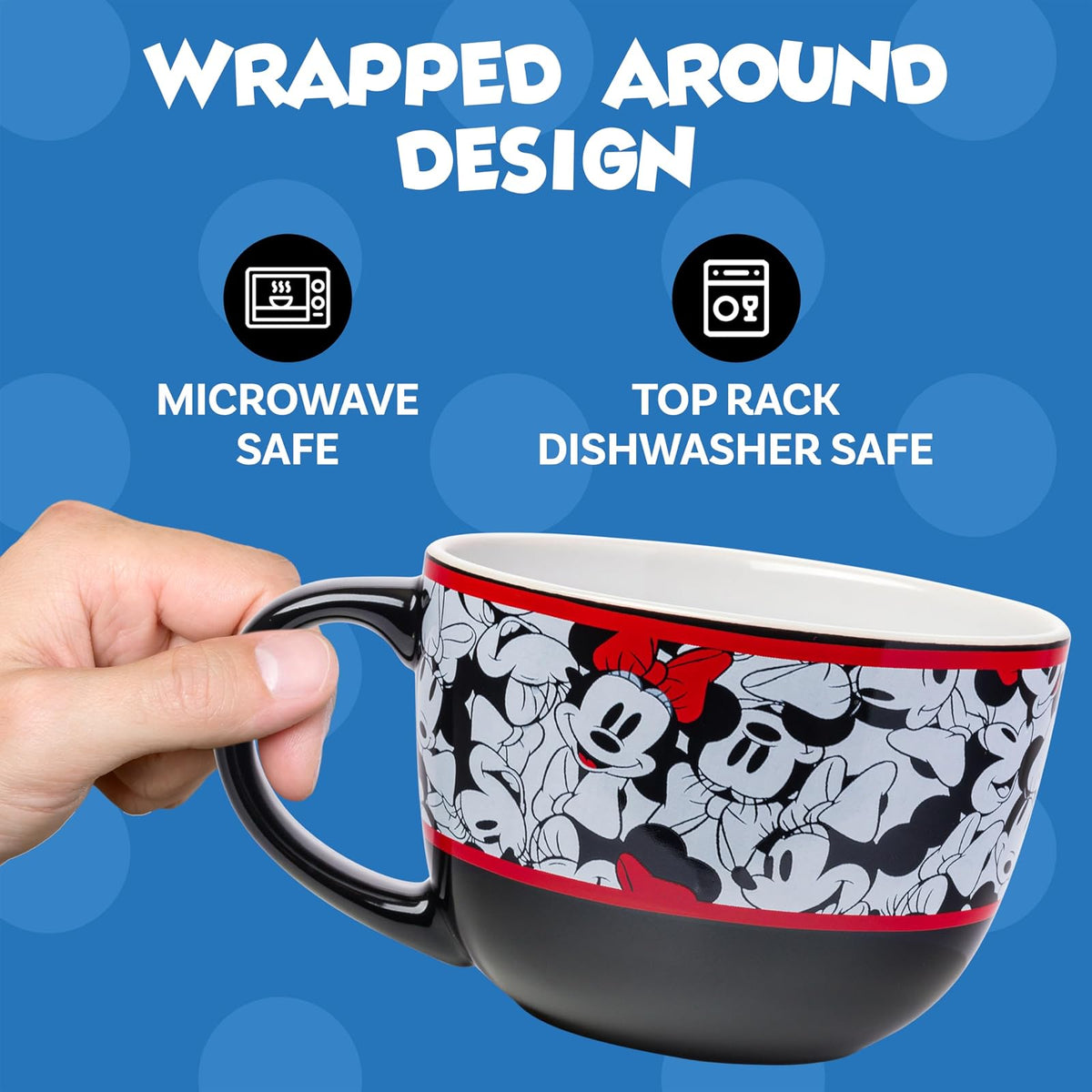 Silver Buffalo Disney's Minnie Mouse Rocks The Dots All Over Faces - Taza de cerámica (24 onzas, 24), color blanco y rojo