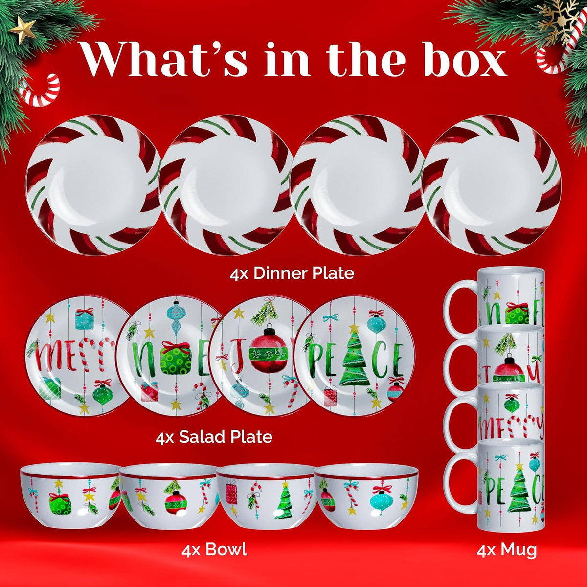 American Atelier 7216-16-RB Ornaments - Vajilla navideña (10,5 x 10,5 cm), color verde y rojo