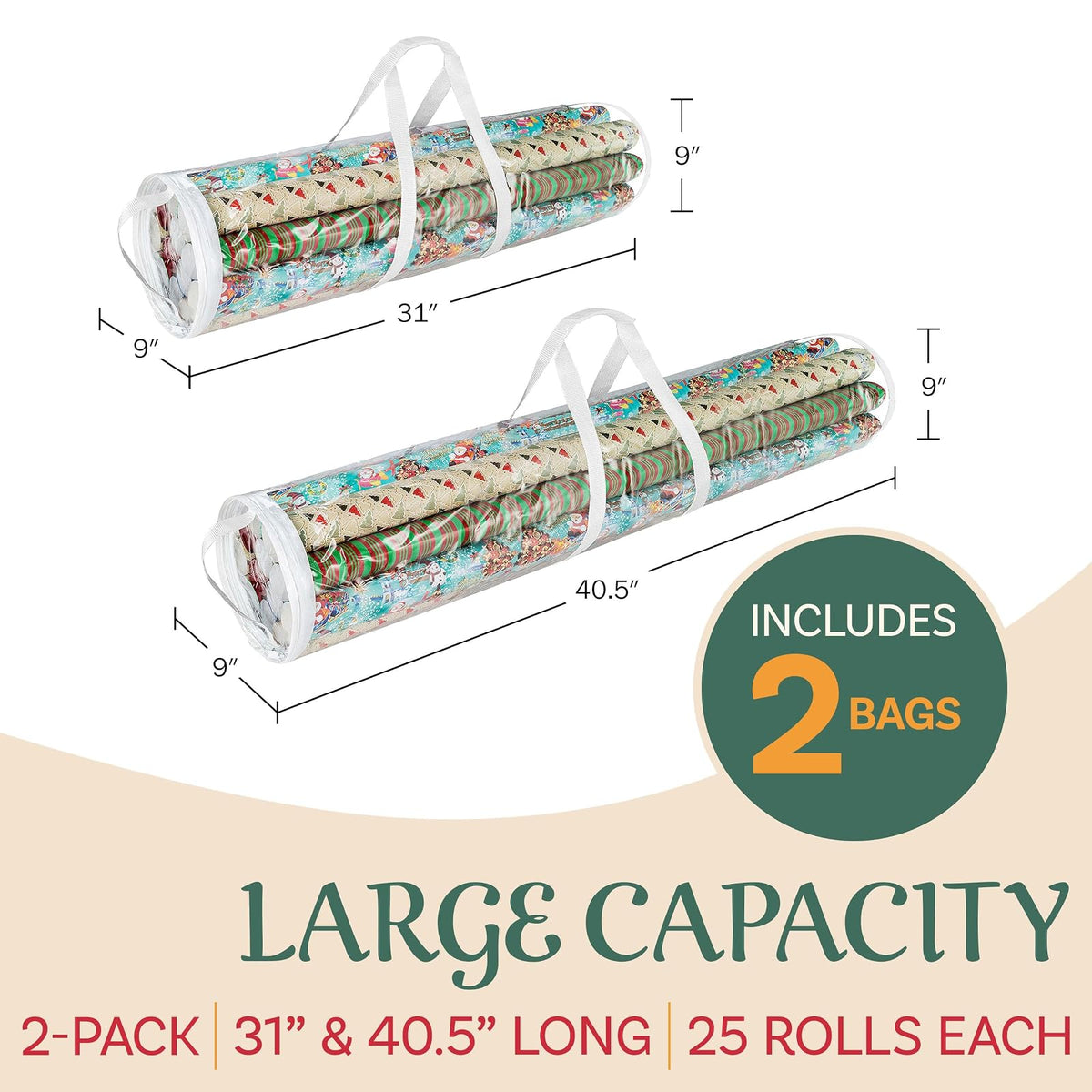Elf Stor - Bolsas de Almacenamiento en Rollo de Papel de Regalo de 31 Pulgadas y 40 Pulgadas de Largo, Bolsas Transparentes con Asas, se Adapta a hasta 25 Rollos de Papel de Regalo en Cada Bolsa