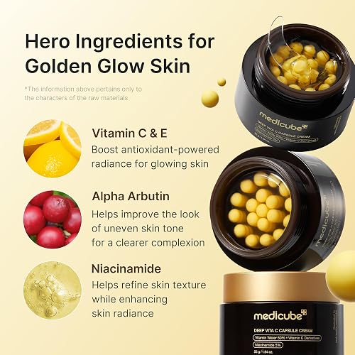 MEDICUBE Deep Vita C Capsule Cream, Crema Facial en Cápsulas con Agua de Espino Amarillo 50%, Niacinamida 5% y Vitamina C, Luminosidad y Tono Uniforme, 55 g