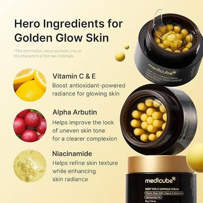 MEDICUBE Deep Vita C Capsule Cream, Crema Facial en Cápsulas con Agua de Espino Amarillo 50%, Niacinamida 5% y Vitamina C, Luminosidad y Tono Uniforme, 55 g