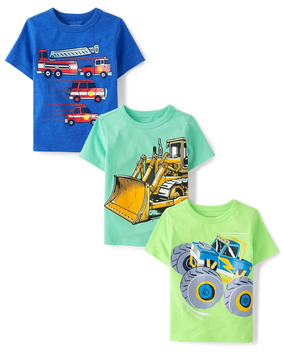 The Children's Place Paquete de 3 Camisetas de Transporte para bebés y niños pequeños Camiseta para bebés niños - Camión - Monster Truck - Vehículos de bomberos - 2T