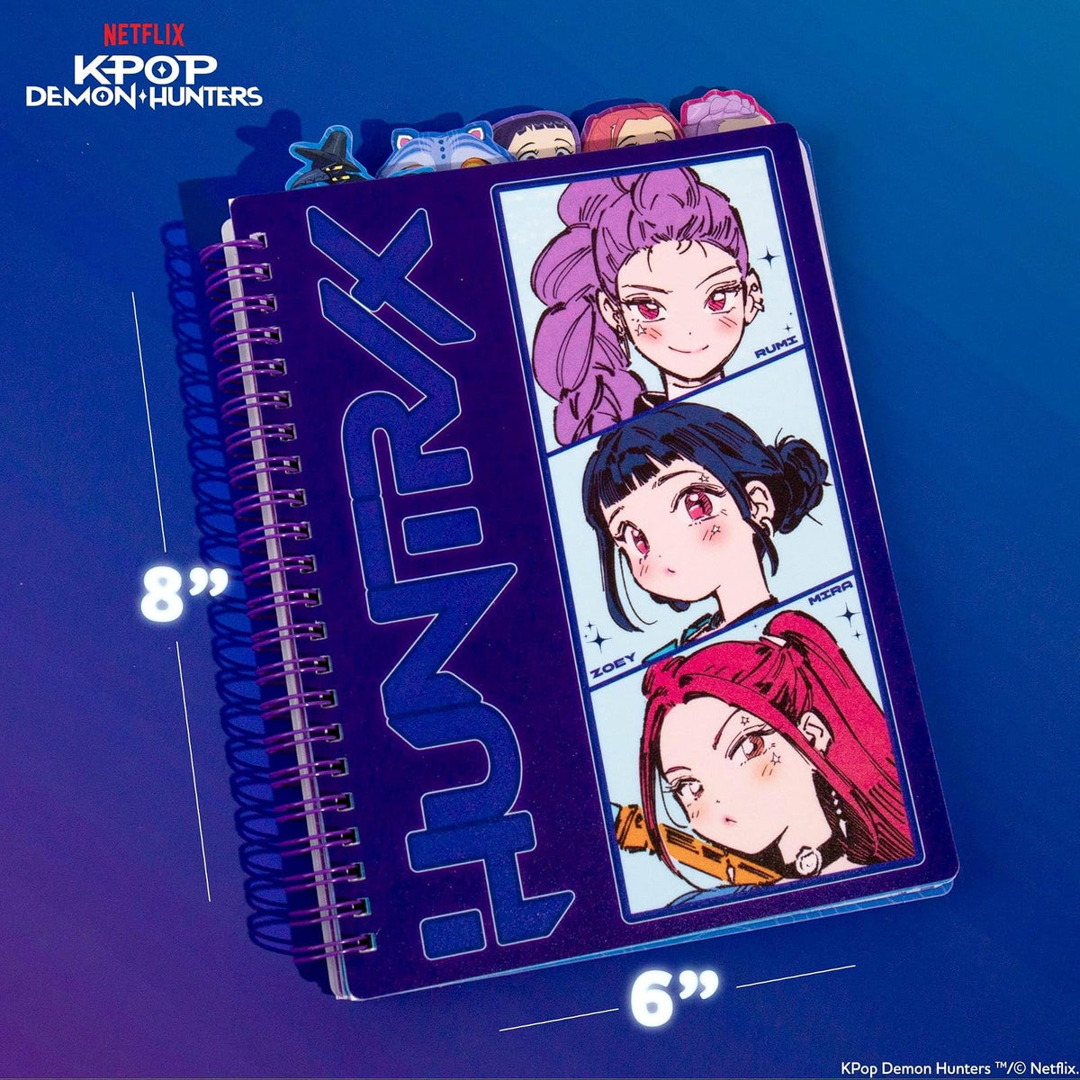Horizon Group KPOP Demon Hunters Huntr/x Tab Diario | 80 páginas rayadas, encuadernación espiral, tamaño 6x8 pulgadas, 5 pestañas de personajes