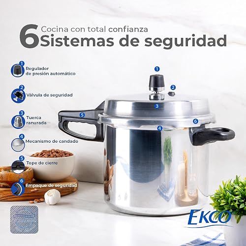 Ekco | Olla Express 8 Litros Classic Aluminio con 6 Sistemas de Seguridad | Cuerpo y tapa de aluminio, Cocción rápida, Certificado NOM, Cocina saludable