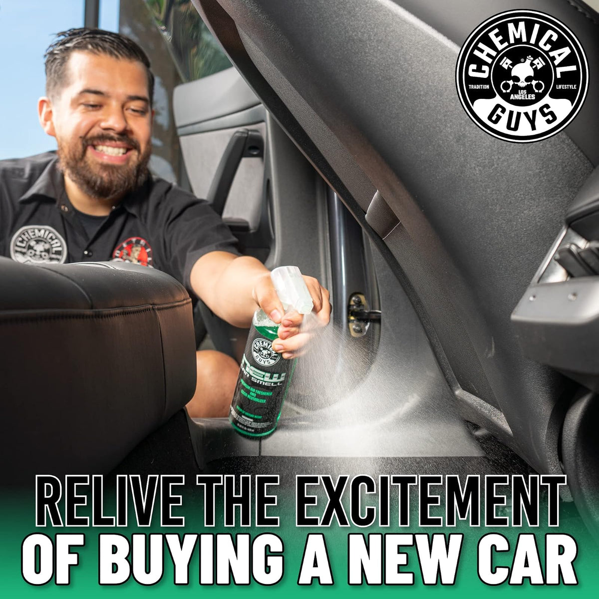 Chemical Guys New Car Smell Ambientador y Eliminador de Olores Premium, Aroma Duradero, Ideal para Automóviles, Camiones, Todoterrenos, Autocaravanas y Más, 2 x 473 ml