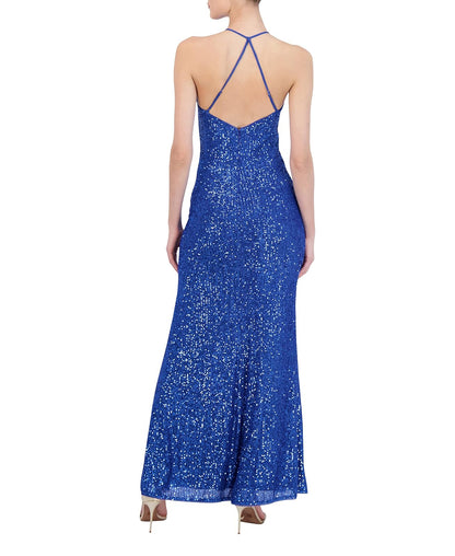 BCBGMAXAZRIA Vestido de Noche Largo sin Mangas y Acampanado, Cuello Halter, Espalda Abierta, Abertura Frontal, Vestido Vestido para Mujer