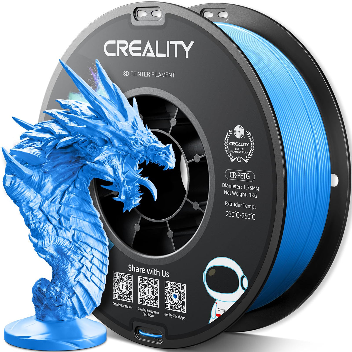 Filamento oficial para impresora 3D de Creality PETG de 1,75 mm, 1 kg, alta precisión, fuerte dureza, inodoro, mejor flujo, impresión 3D a prueba de humedad, filamento CR PETG, azul digital