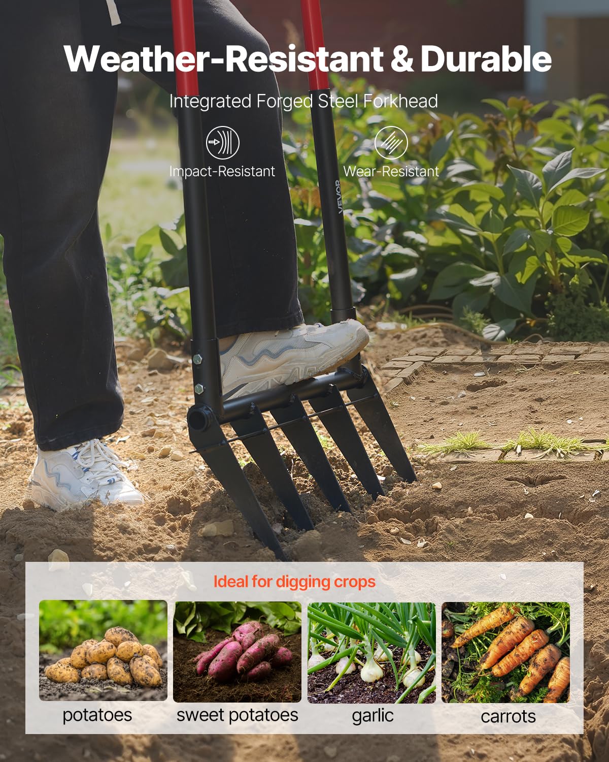 VEVOR Horquilla Ancha, Horquilla de 5 Puntas con Asas de Fibra de Vidrio duales, Tenedor de jardín Resistente, Horquilla de Mano ergonómica con diseño en Forma de U, Herramienta de jardinería para