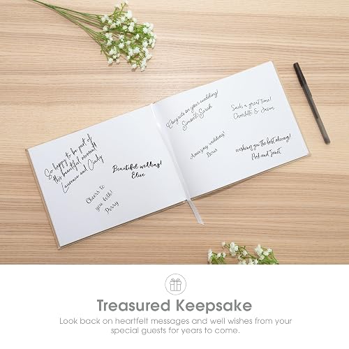 Pearhead Libro de visitas de boda de lino beige con escritura blanca, boda elegante, decoración de boda simple, regalo de despedida de soltera, marfil