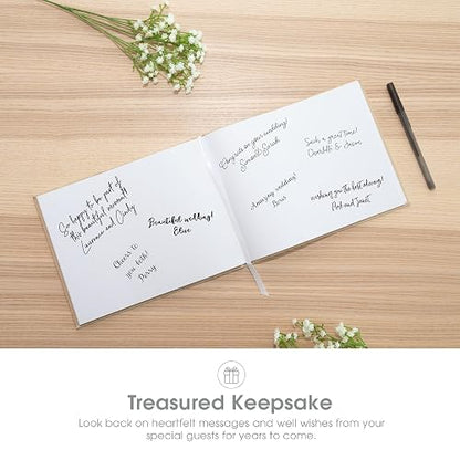 Pearhead Libro de visitas de boda de lino beige con escritura blanca, boda elegante, decoración de boda simple, regalo de despedida de soltera, marfil