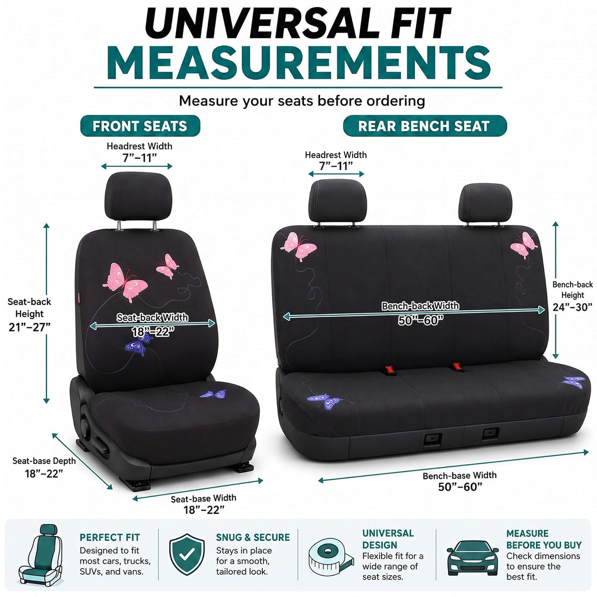 FH GROUP FB055114 Black Butterfly Embroidery Car Seat Cover (Full Set)