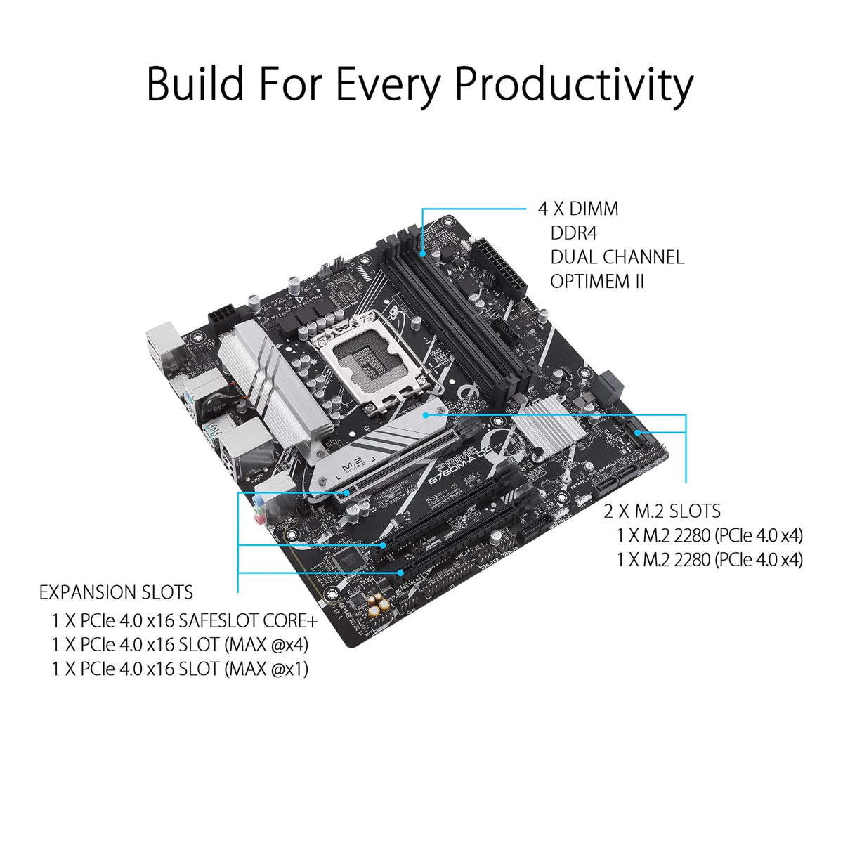 ASUS Tarjeta Madre Intel B760 Prime B760M-A D4, Intel 13° y 12° Gen, LGA 1700, mATX, DDR4, 2X M.2, DisplayPort, Dual HDMI, SATA 6 Gbps y Aura Sync