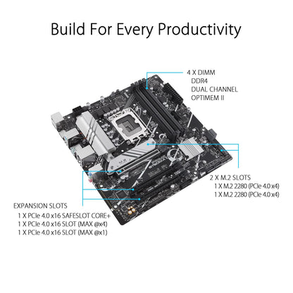 ASUS Tarjeta Madre Intel B760 Prime B760M-A D4, Intel 13° y 12° Gen, LGA 1700, mATX, DDR4, 2X M.2, DisplayPort, Dual HDMI, SATA 6 Gbps y Aura Sync