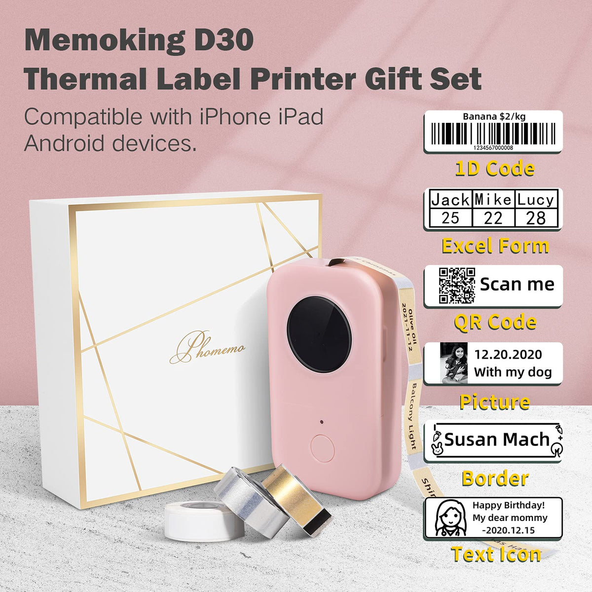 Memoking Etiquetadora D30 – Impresora térmica de Etiquetas Bluetooth, Mini máquina de Etiquetas Recargable, Impresora portátil para Hacer calcomanías,