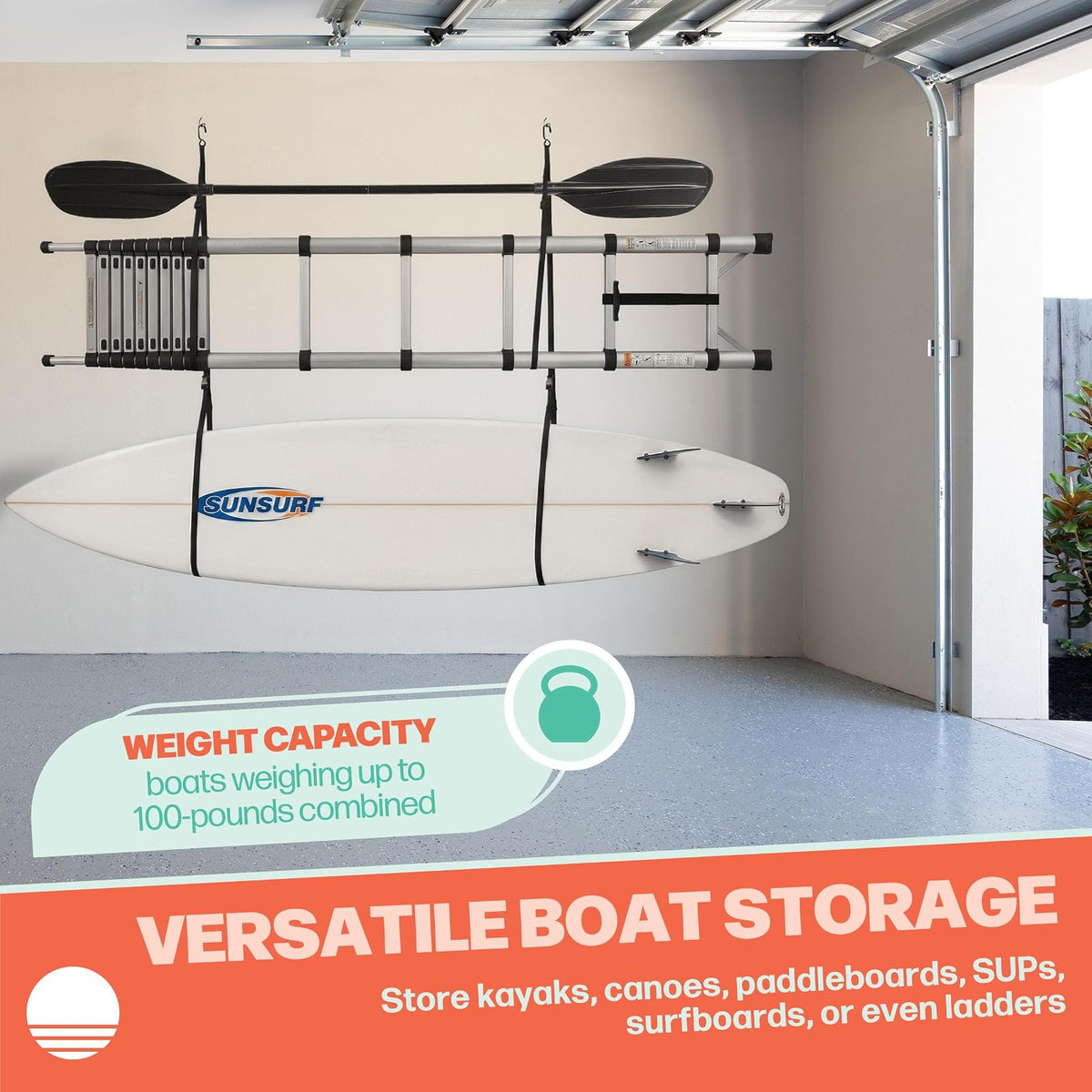 RAD Sportz - Soporte para Kayak de Pared o Techo para Tablas de Surf, Tablas de Remo, Sup o Canoa, Correas Ajustables para Kayak