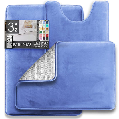 Clara Clark - Juego de 3 Alfombrillas de baño de Espuma viscoelástica de Terciopelo para baño, Antideslizantes, con Respaldo de PVC, Lavable, se Seca rápidamente, Color Azul