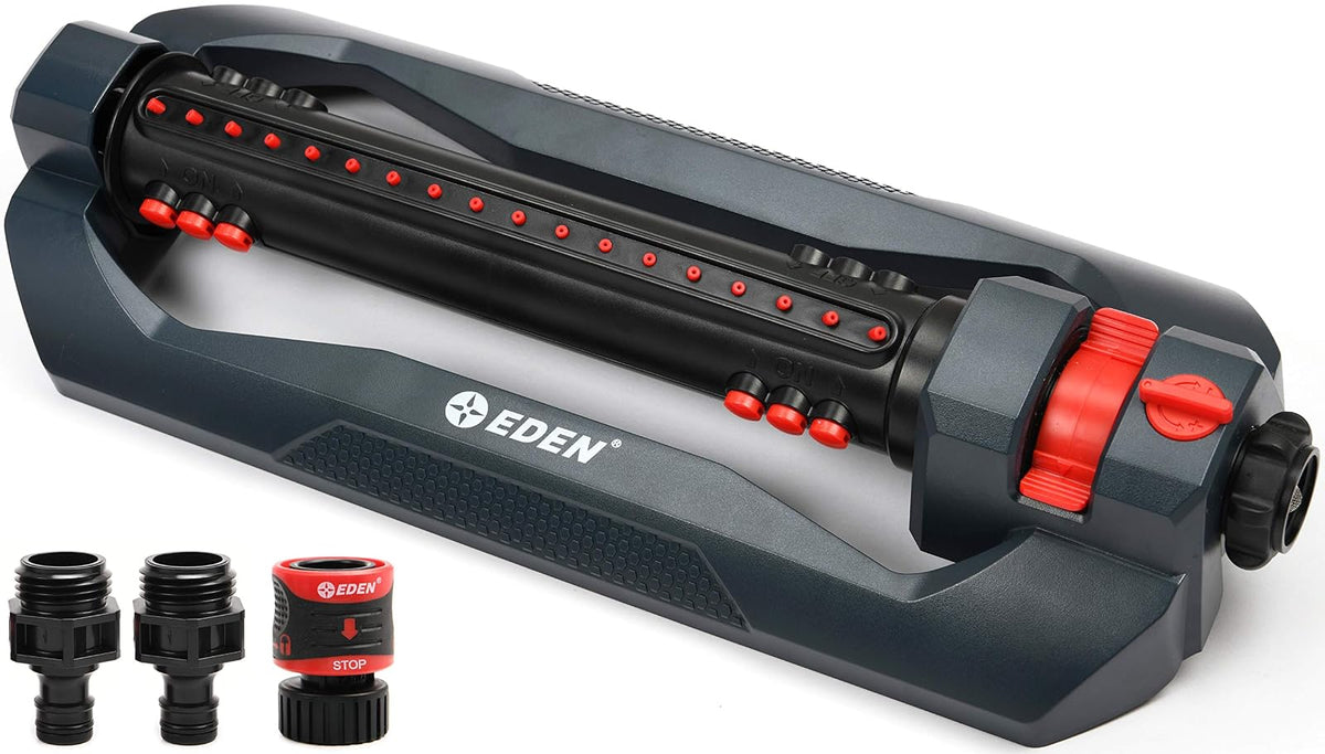 Eden 94112 - Aspersor oscilante Turbo de 3 vías para Patio Grande y césped con Juego de iniciación de conexión rápida, Cubre hasta 4.499 m2 pies