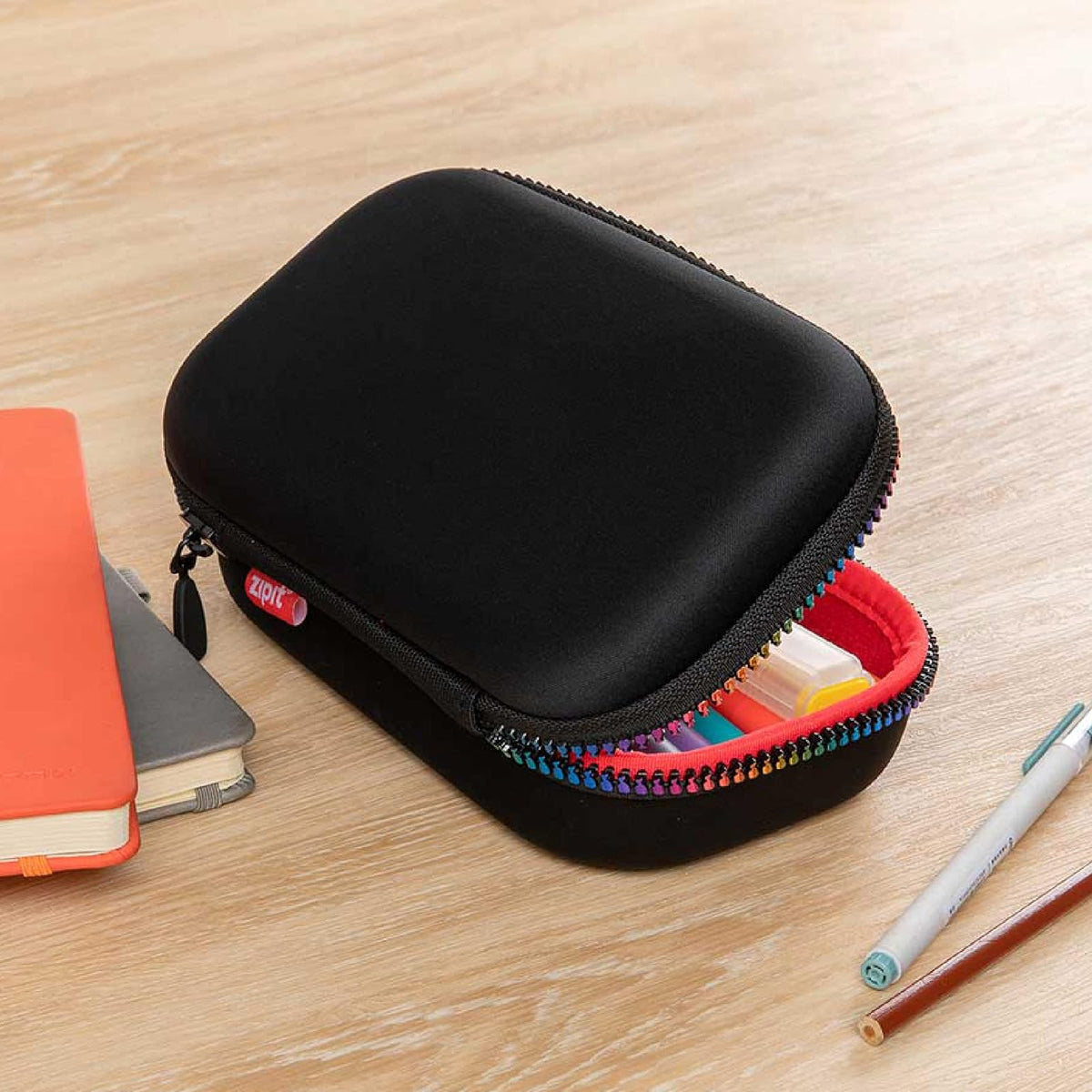 ZIPIT Colorz Pencil Box for Girls & Boys, Holds Up to 60 Pens, Sturdy Storage Container for School and Office Supplies, Secure Zipper Closure (Black & Rainbow)