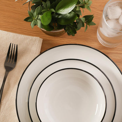 Gibson Home Havenstone - Juego de vajilla de porcelana de 12 piezas, platos de cena, platos de ensalada y cuencos, clásico blanco con borde negro, apto para el hogar, cocina, microondas y lavaplatos