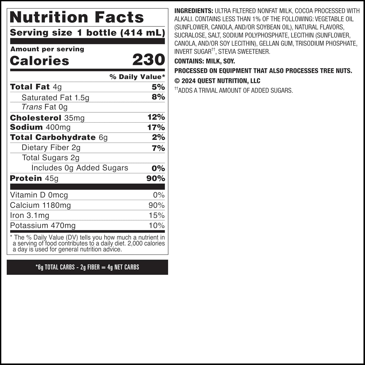 Quest Nutrition Protein Milkshake sabor Chocolate, 45 g de proteína, 2 g de azúcar - 12 Pack de 414 ml