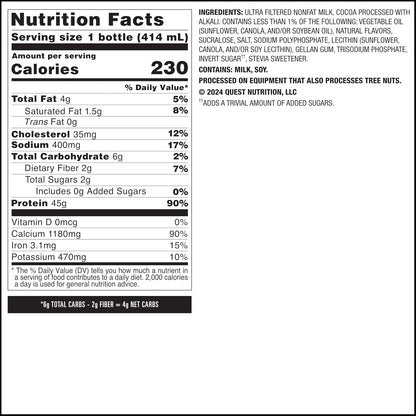 Quest Nutrition Protein Milkshake sabor Chocolate, 45 g de proteína, 2 g de azúcar - 12 Pack de 414 ml