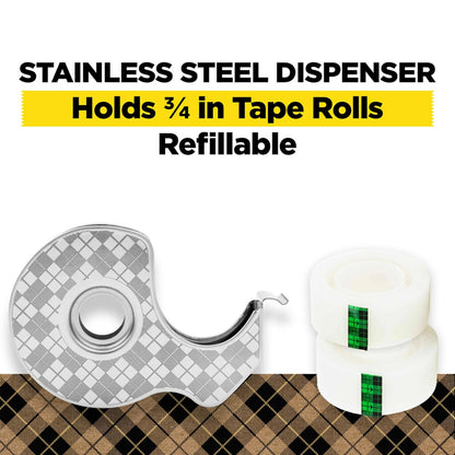 SCOTCH 3M Kit de Despachador Metálico de Cinta Adhesiva + 2 Rollos | Ideal para proyectos creativos, No se amarillenta, Acabado invisible, Incluye 2 piezas de cinta mágica, Tamaño 19 mm x 13.9 m