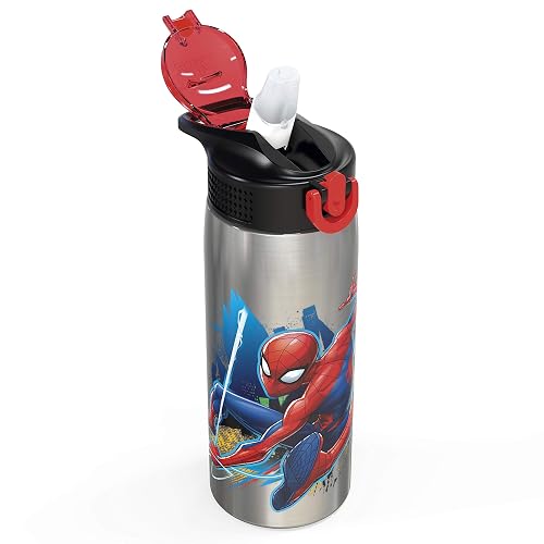Zak Designs - Botella de agua Marvel 18/8 de acero inoxidable de una sola pared de 27 oz con popote abatible y tapa con cierre, taza duradera para deportes o viajes (27 oz, Spider-Man)