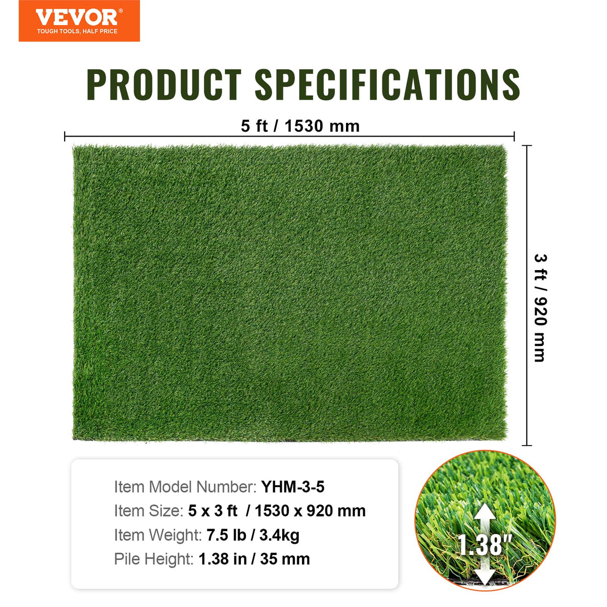 VEVOR Alfombra de césped Artificial, 3 x 5 pies de Grosor, Alfombra de césped sintético Realista para Interiores y Exteriores, 1.3 Pulgadas con Agujeros de Drenaje, Perfecta para Patio, jardín,