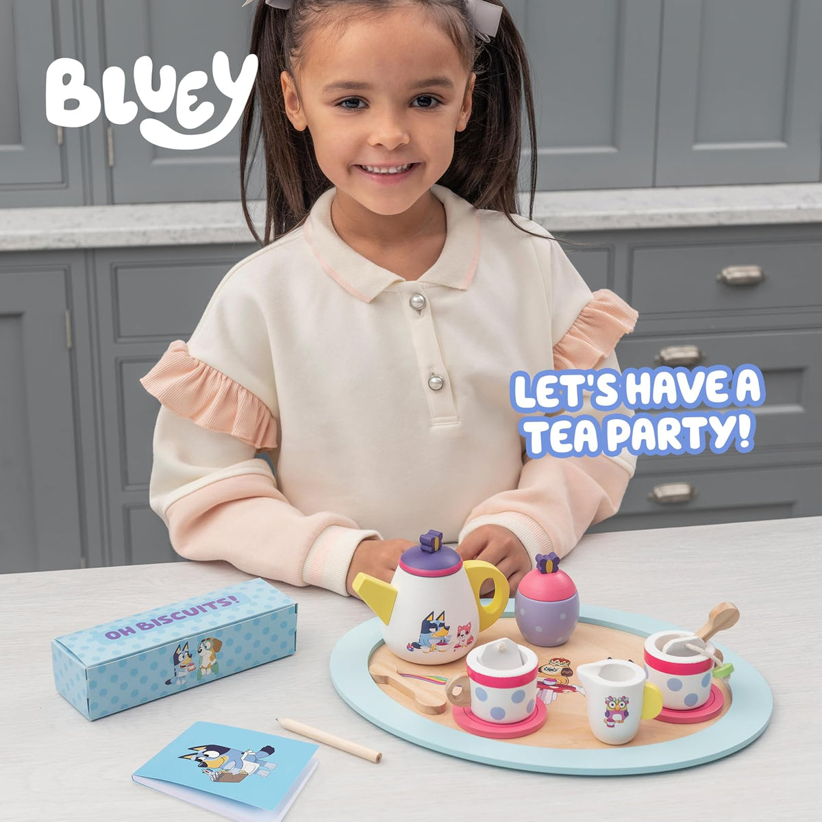 Bluey Tea Party Set Juego De Té para Niños | Pequeño, 18 piezas, madera, con bandeja tetera tazas galletas bloc