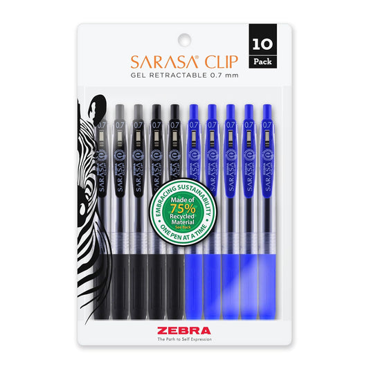 Zebra Pen Sarasa Clip Bolígrafo de gel retráctil, punta media, 0,7 mm, tinta azul y negra, paquete de 10 (40291)