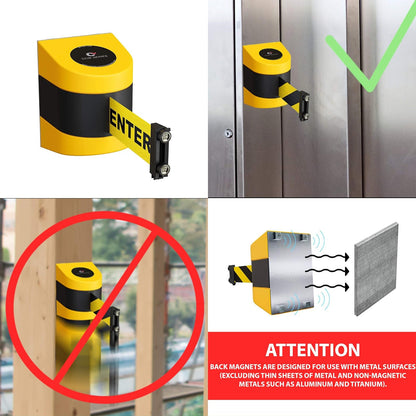 Crowd Control Warehouse WMB-230 Barrera Magnética Retráctil Montaje Pared Negro Amarillo 30 Pies