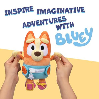 Dress & Play Baby Bingo Bluey Felpa, botón, Cierre, Hebilla y Corbata, Aprender a Vestir muñecas para niños pequeños a Partir de 3 años, Juguete de Cierre para bebé