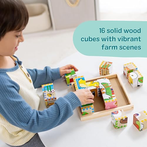 Melissa & Doug Rompecabezas de Cubos Animales de la Granja, Seis Rompecabezas en Uno, Juguete de Madera, Juguete de Desarrollo (16 Cubos y Bandeja) - Certificados FSC