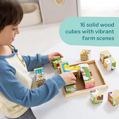 Melissa & Doug Rompecabezas de Cubos Animales de la Granja, Seis Rompecabezas en Uno, Juguete de Madera, Juguete de Desarrollo (16 Cubos y Bandeja) - Certificados FSC