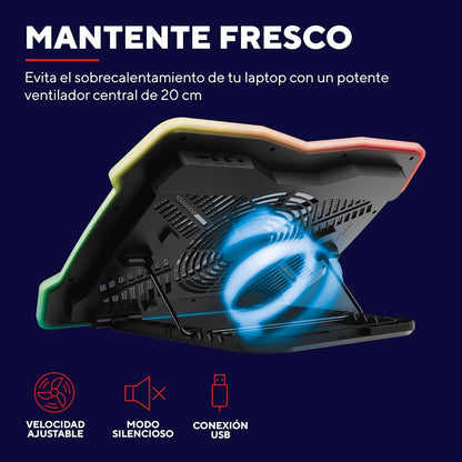 Trust Gaming GXTrust 1126 Aura Base de Refrigeración para Laptop Gamer de hasta 17.3” – Ventilador de 7.8", Modo Silencioso, Ángulos Ajustables, Iluminación Multicolor
