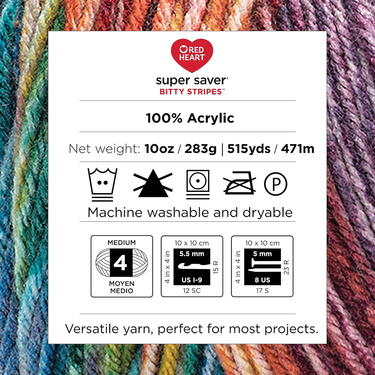 Red Heart Super Saver Bitty Stripe - 2 paquetes de 10 oz/283 g - 100% acrílico - #4 Worsted (mediano) - 515 yardas - Tejer/ganchillo
