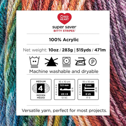 Red Heart Super Saver Bitty Stripe - 2 paquetes de 10 oz/283 g - 100% acrílico - #4 Worsted (mediano) - 515 yardas - Tejer/ganchillo