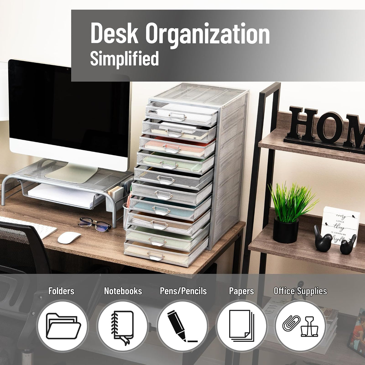 Mind Reader File Storage Drawers, Desk Organizer, Multi-Purpose, Crafts, Office, Metal Mesh, 10.75" L x 14" W x 21.25" H, Silver
